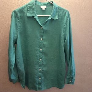 J Jill Love Linen Button Down Green Button-Up Shirt Womens M Classy Casual Light